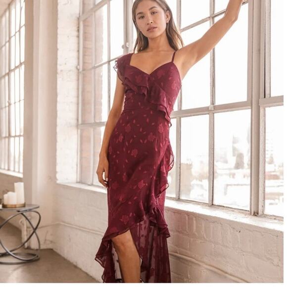 Lulus Dresses & Skirts - Lulus Womens XS Forever Be Burgundy Floral Jacquard Ruffles Maxi Dress Cocktail